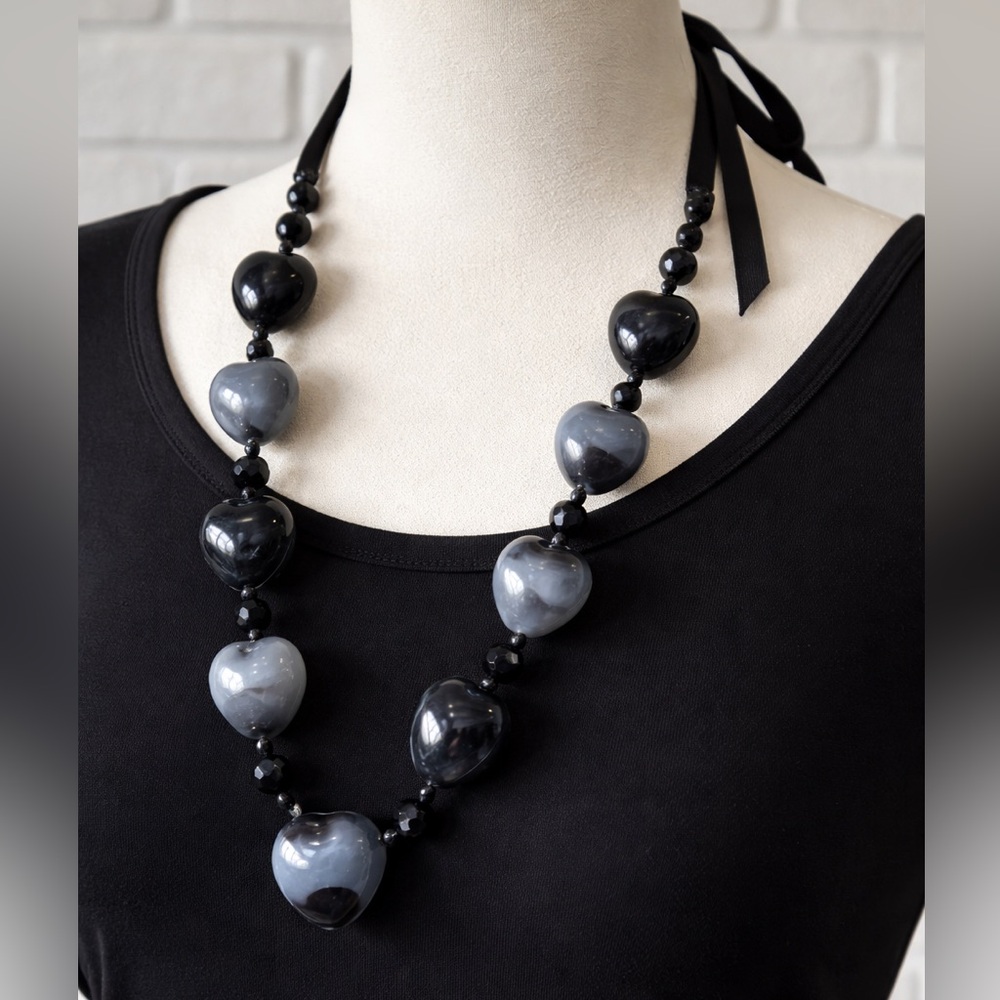 Chunky Art Glass Puffed Heart Necklace Hand-Knotted Smoky Grey Lampwork Beads